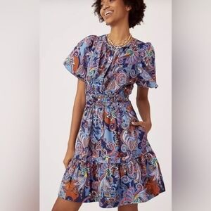 Anthropologie Maeve The Somerset Mini Blue Paisley Floral Tiered Dress Size M